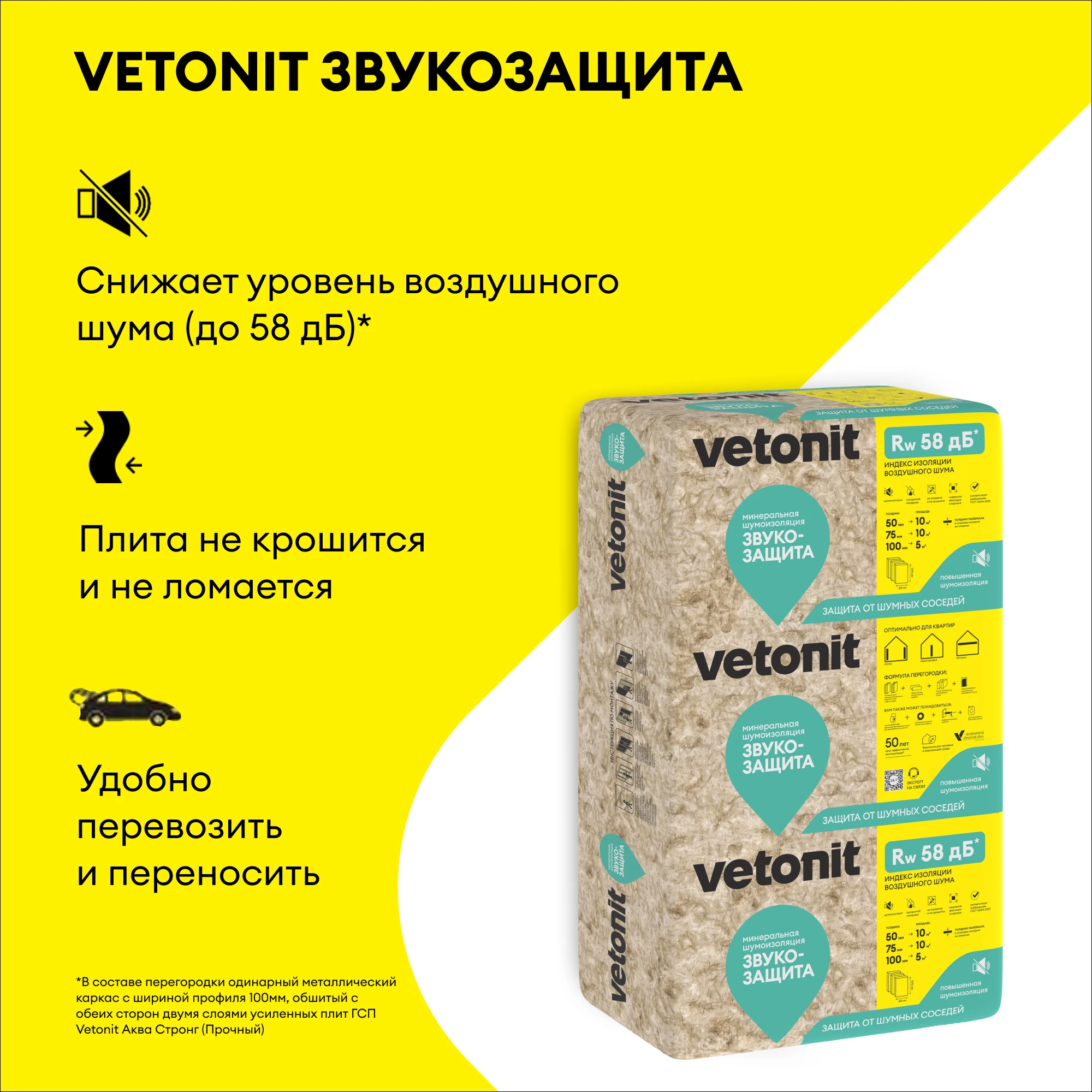 Утеплитель Vetonit Звукозащита 100мм (5м2 / 0.5м3), фото товара (2) Утеплитель Vetonit Звукозащита 100мм (5м2 / 0.5м3) (2)